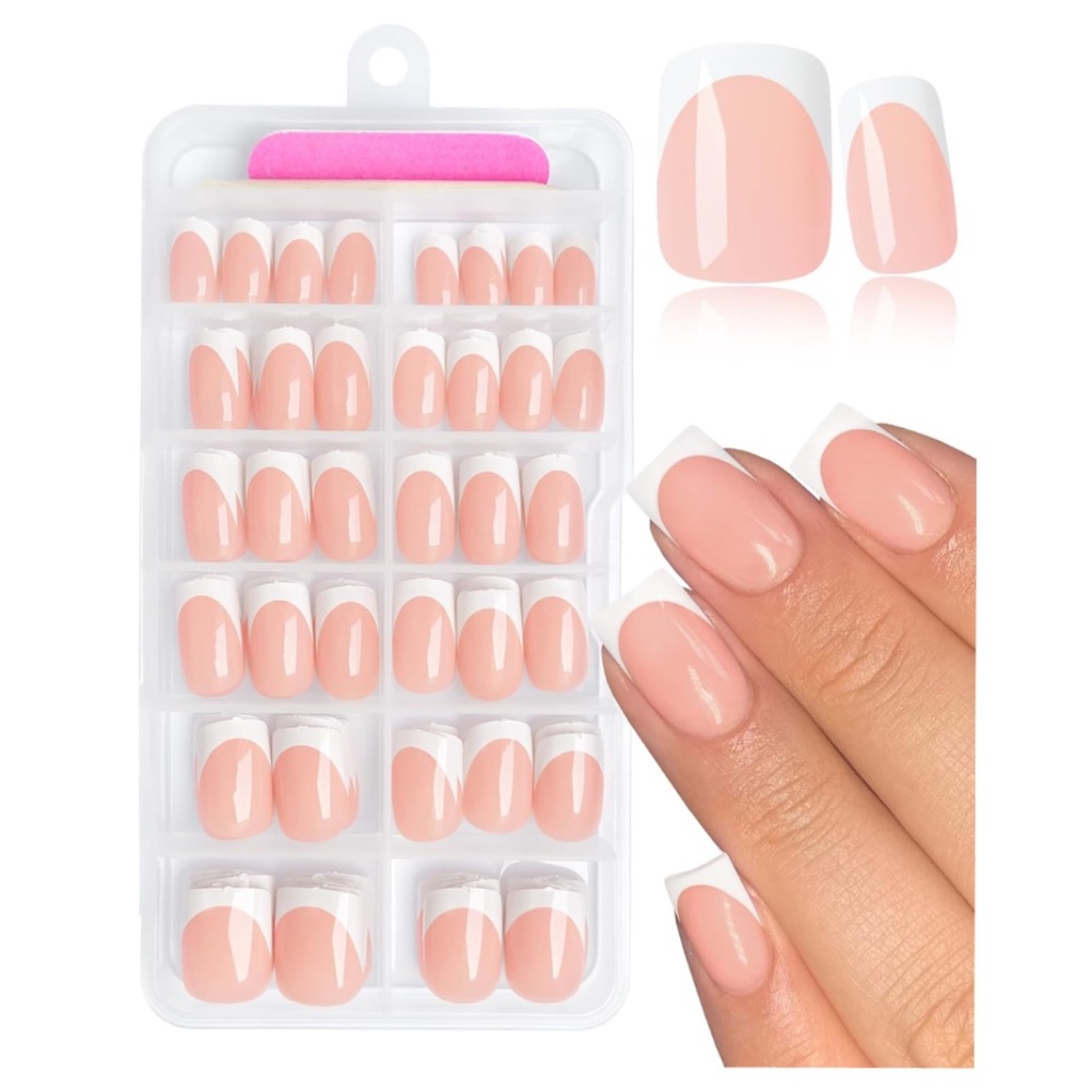 Nude And White French Tip Short Square Press-On Nails